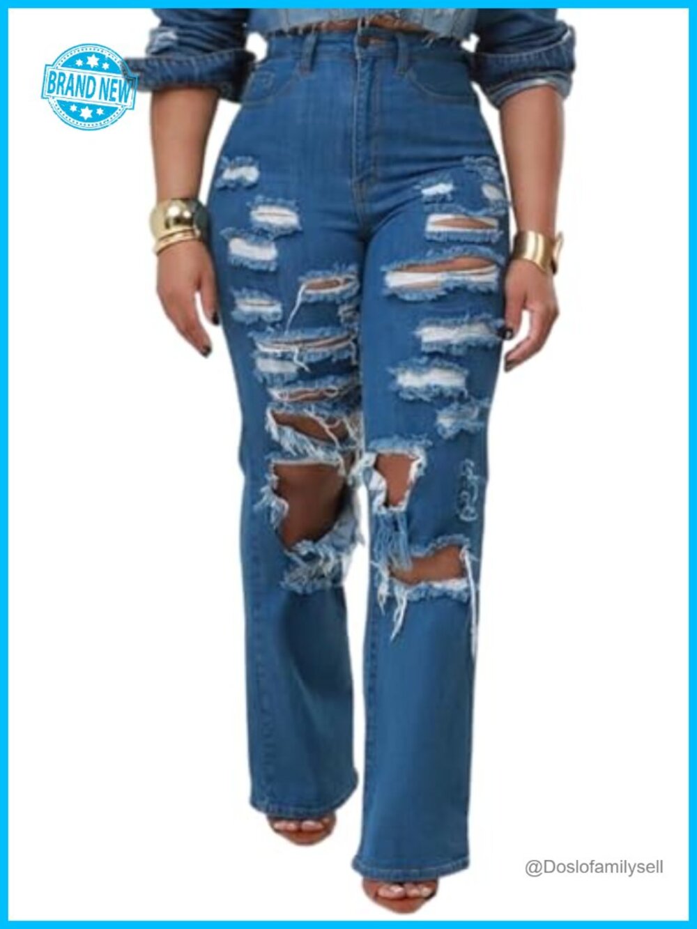 High Waisted Wide Leg Distressed Jeans Frayed Ripped Denim Pants